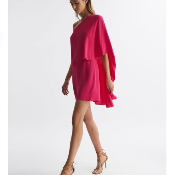 REISS | NWT Blake One Shoulder Chiffon Cape Mini Dress in Bright Pink, Size 2 🇬🇧 - Picture 5 of 13